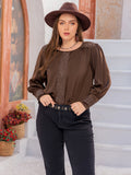 Plus Size Lace Detail Round Neck Long Sleeve Blouse 