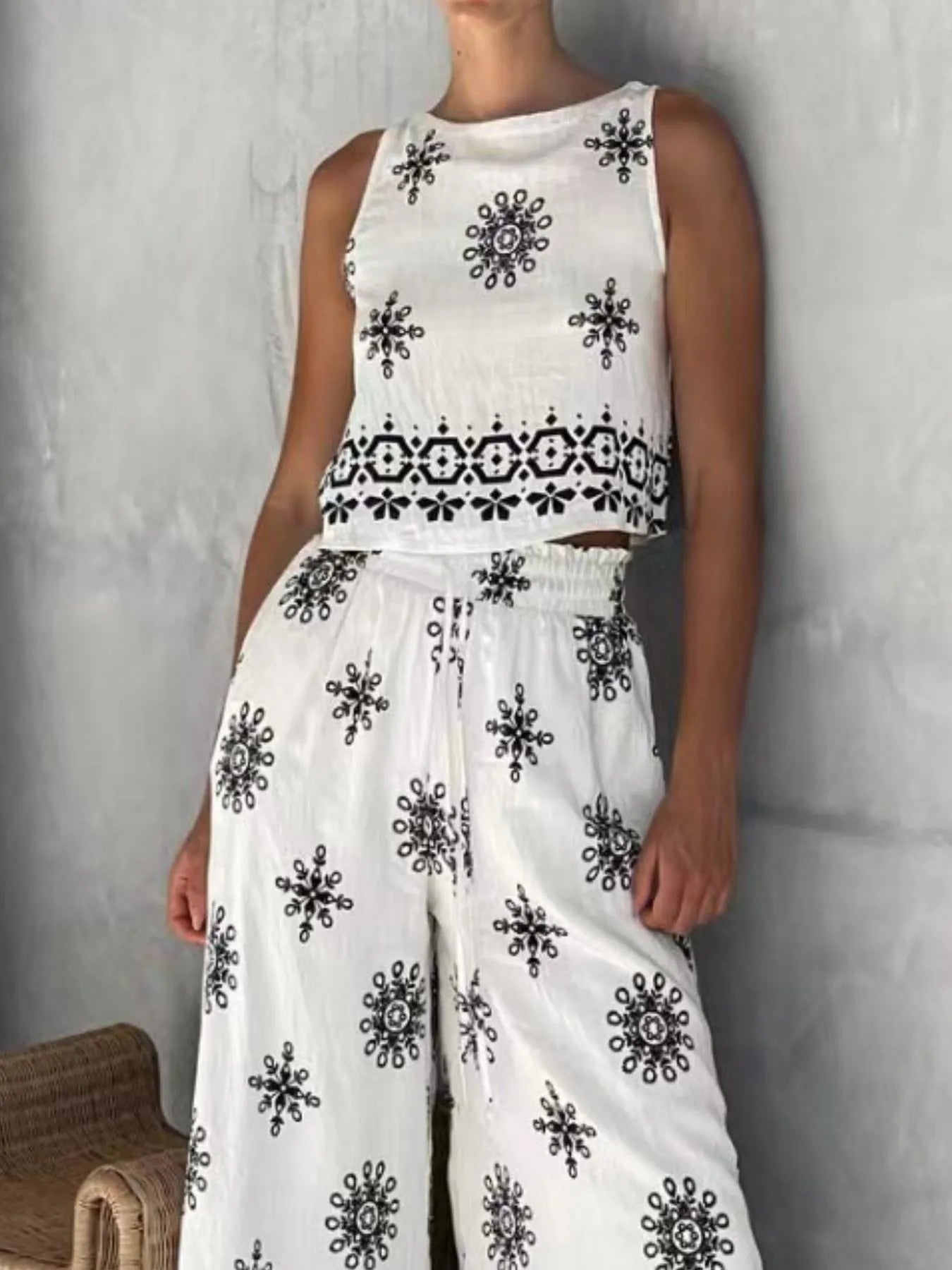 Printed Tank and Wide Leg Pants Set Two Piece Dresses