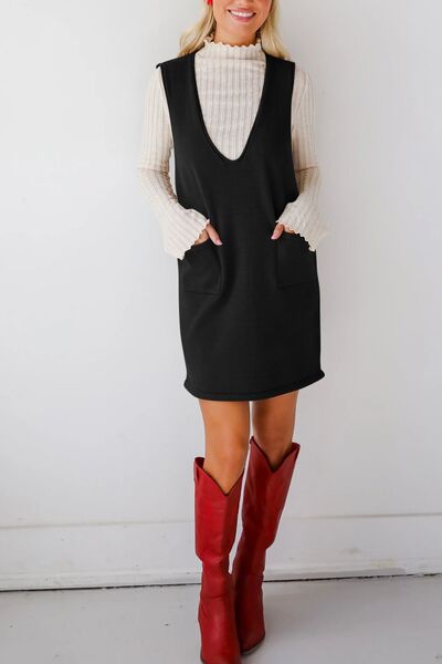 Lovelet Pocketed V-Neck Mini Sweater Overall Dress Dresses