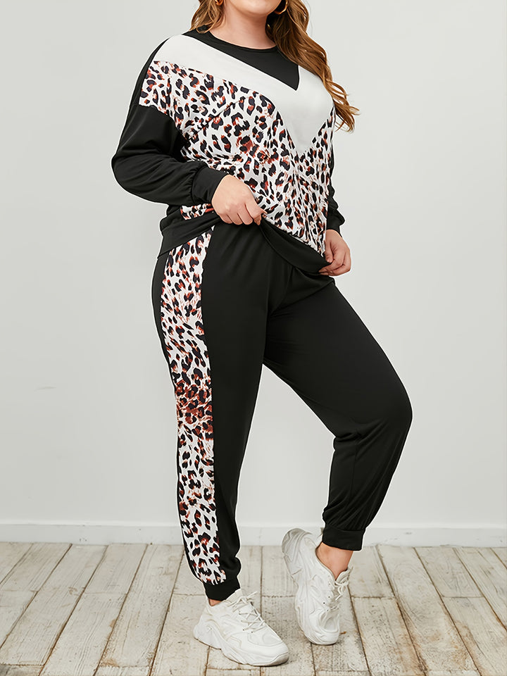 Plus Size Leopard Sweatshirt and Sweatpants Set 