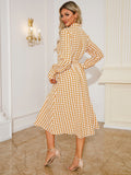 Tied Houndstooth Long Sleeve Midi Dress 