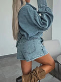 Button-Front Shirt and Mini Skirt Oversized Denim Set Two Piece Dresses