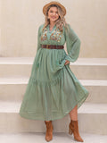 Plus Size Tassel Printed Tie Neck Long Sleeve Midi Dress 