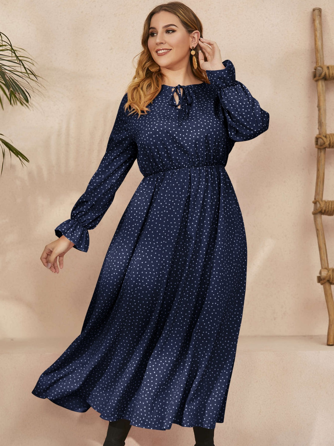 Honey Plus Size Ruffled Polka Dot Long Sleeve Midi Dress 