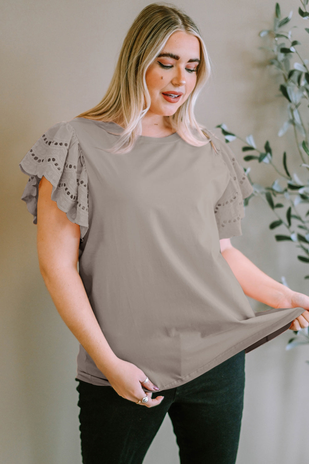Plus Size Eyelet Round Neck Short Sleeve Blouse 
