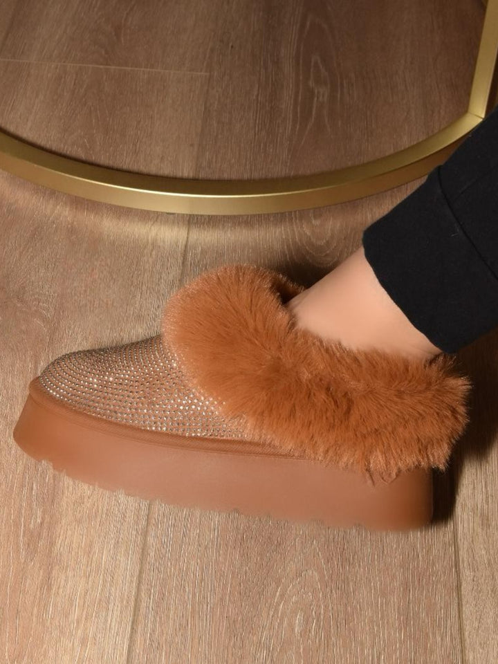 WILD DIVA Embellished Faux Fur Platform Booties 