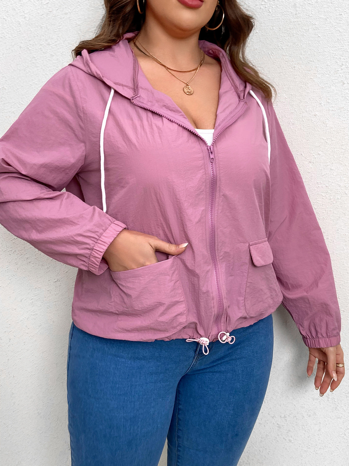 Plus Size Zip-Up Drawstring Hooded Jacket with Pockets 