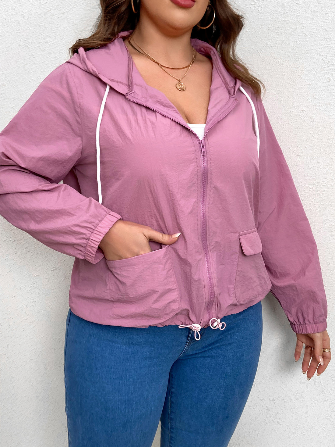 Plus Size Zip-Up Drawstring Hooded Jacket with Pockets 