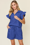 Double Take Full Size Texture Flounce Sleeve Top and Drawstring Shorts Set 