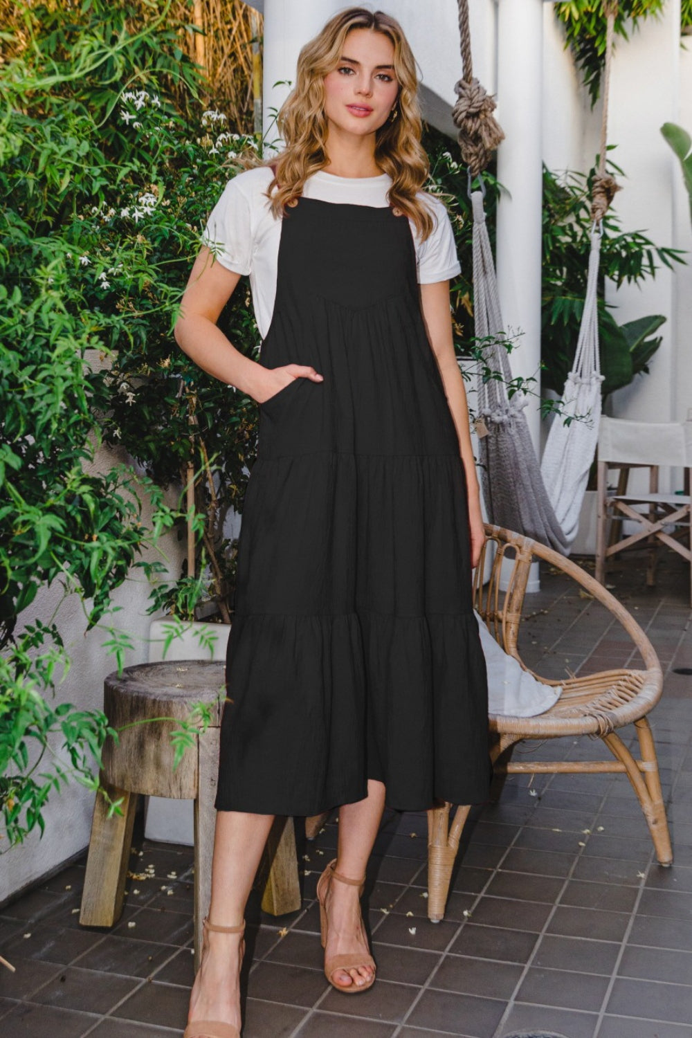 ODDI Full Size Sleeveless Tiered Midi Dress 