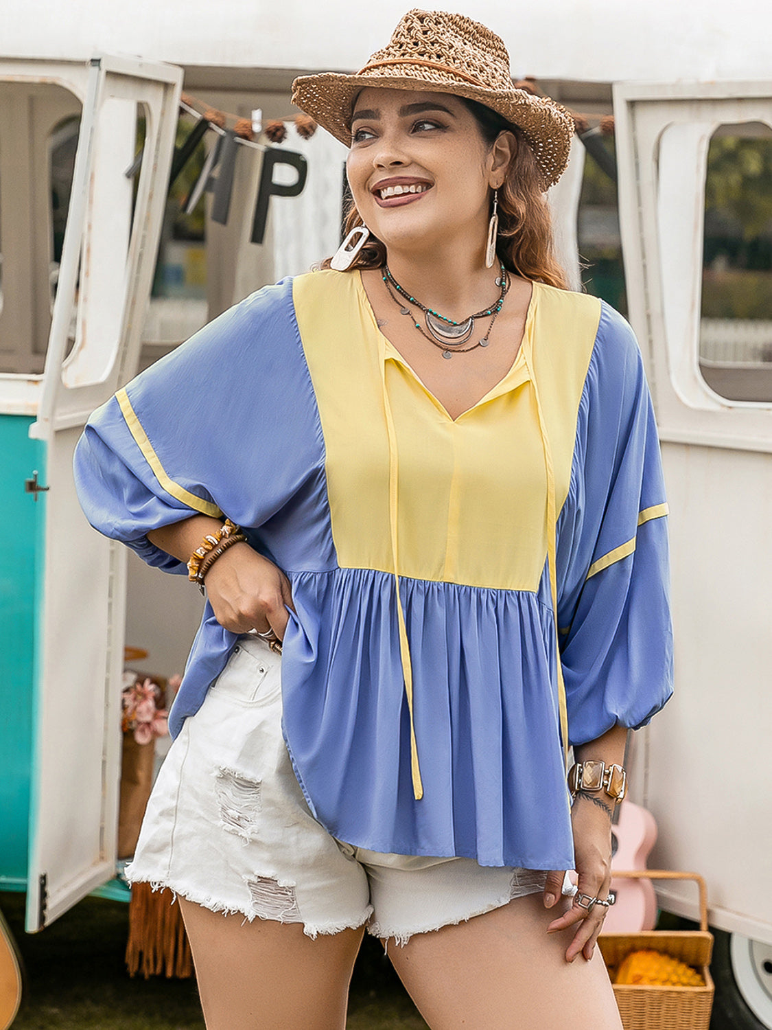 Plus Size Ruched Tie Neck Balloon Sleeve Blouse 