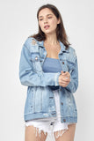 RISEN Full Size Distressed Long Sleeve Denim Jacket 