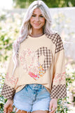 Heart Plaid Round Neck Long Sleeve Blouse 
