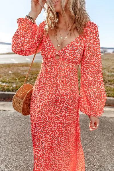 Printed V-Neck Long Sleeve Midi Dress Dresses