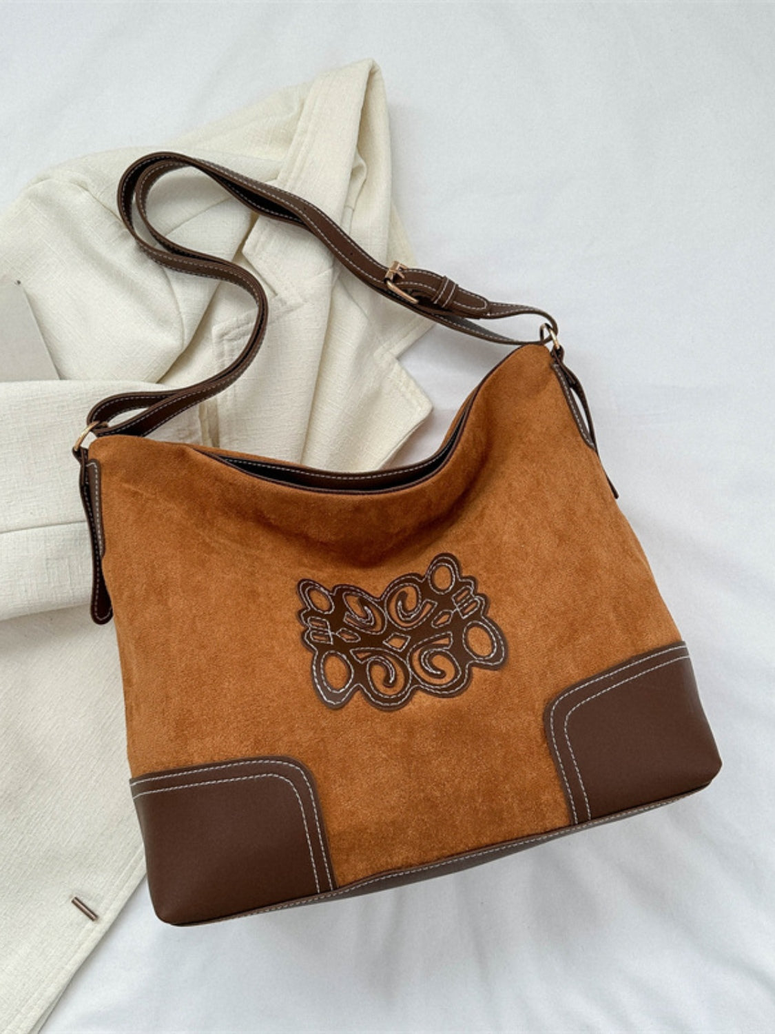 Suede Patch Adjustable Strap Tote Bag 