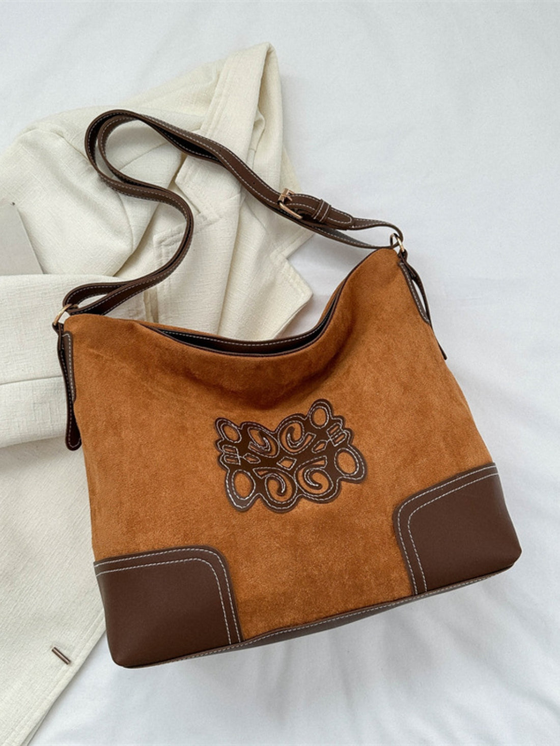 Suede Patch Adjustable Strap Tote Bag 