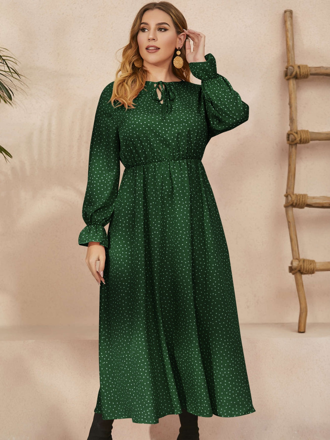 Honey Plus Size Ruffled Polka Dot Long Sleeve Midi Dress 