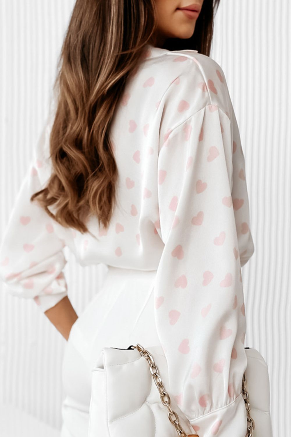 Heart Print Collared Neck Long Sleeve Shirt 