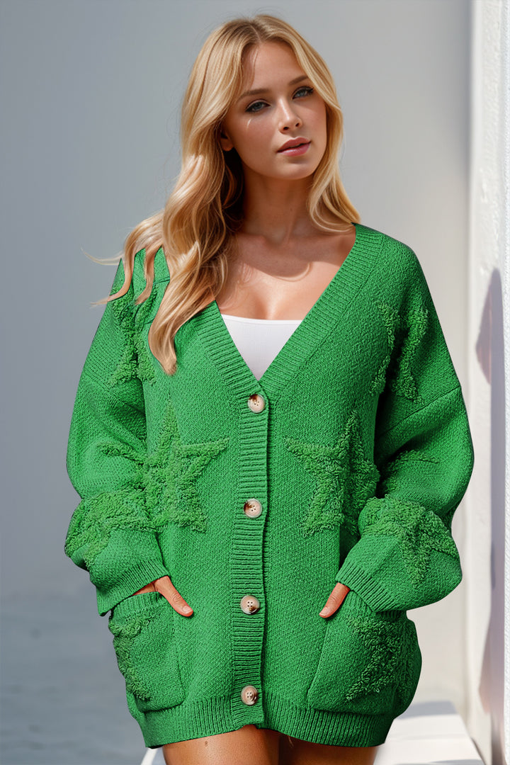 Double Take Full Size Button Up Star Pattern Cardigan 