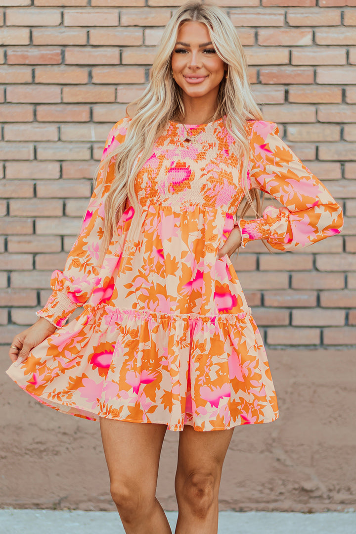 Orange Abstract Print Smocked Lantern Sleeve Ruffle Mini Dress Dresses/Mini Dresses