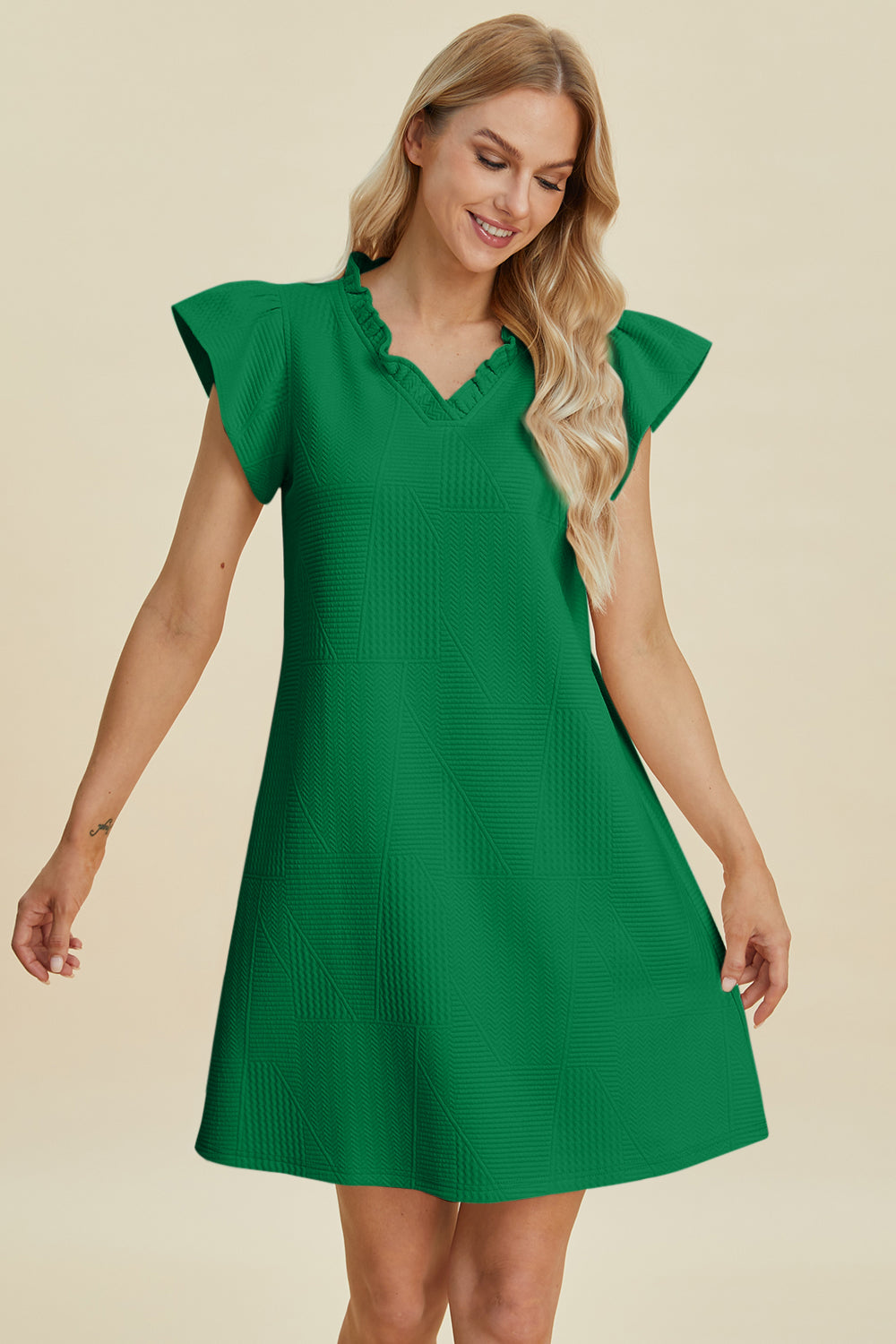 Double Take Full Size Ruffled V-Neck Cap Sleeve Dress 