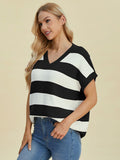 Double Take Full Size Striped V-Neck Short Sleeve Sweater 