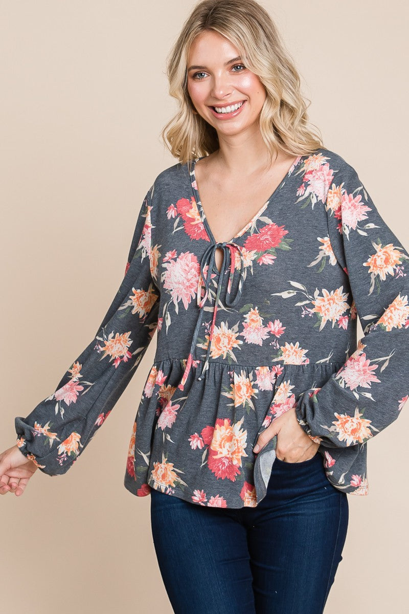 Super Lady Full Size Babydoll Floral Long Sleeve Blouse 