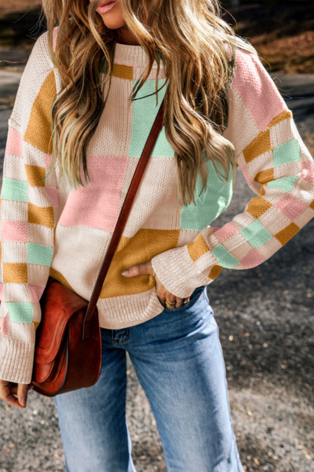 Checkered Round Neck Drop Shoulder Sweater 