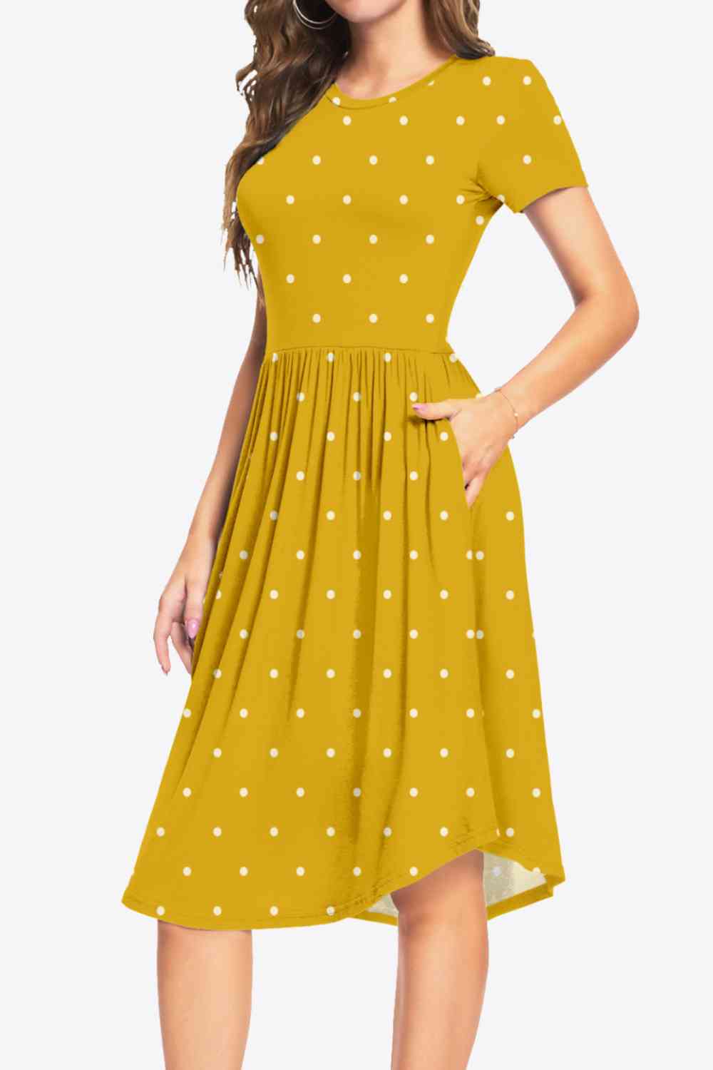 Printed Round Neck Short Sleeve Dress with Pockets Dresses