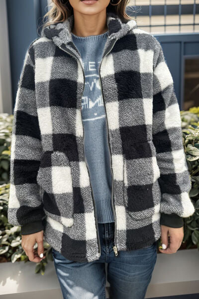 Double Take Full Size Plaid Long Sleeve Hooded Coat 