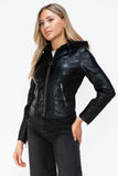Snobbish Faux Leather Zip Up Drawstring Hooded Jacket 