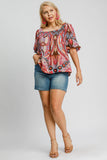 Umgee Full Size Abstract Print Smocked Square Neck Puff Sleeve Blouse 