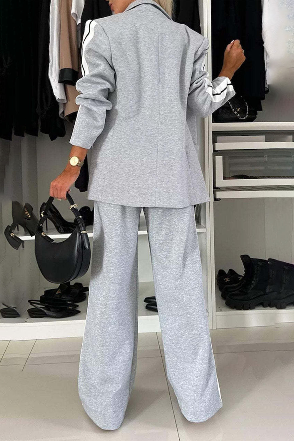 Full Size Contrast Lapel Collar Top and Pants Set 