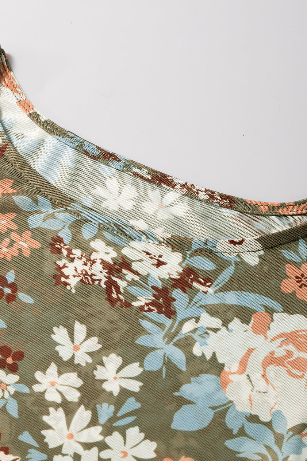 Green Floral Print Mesh Fitted Long Sleeve Top Tops/Long Sleeve Tops