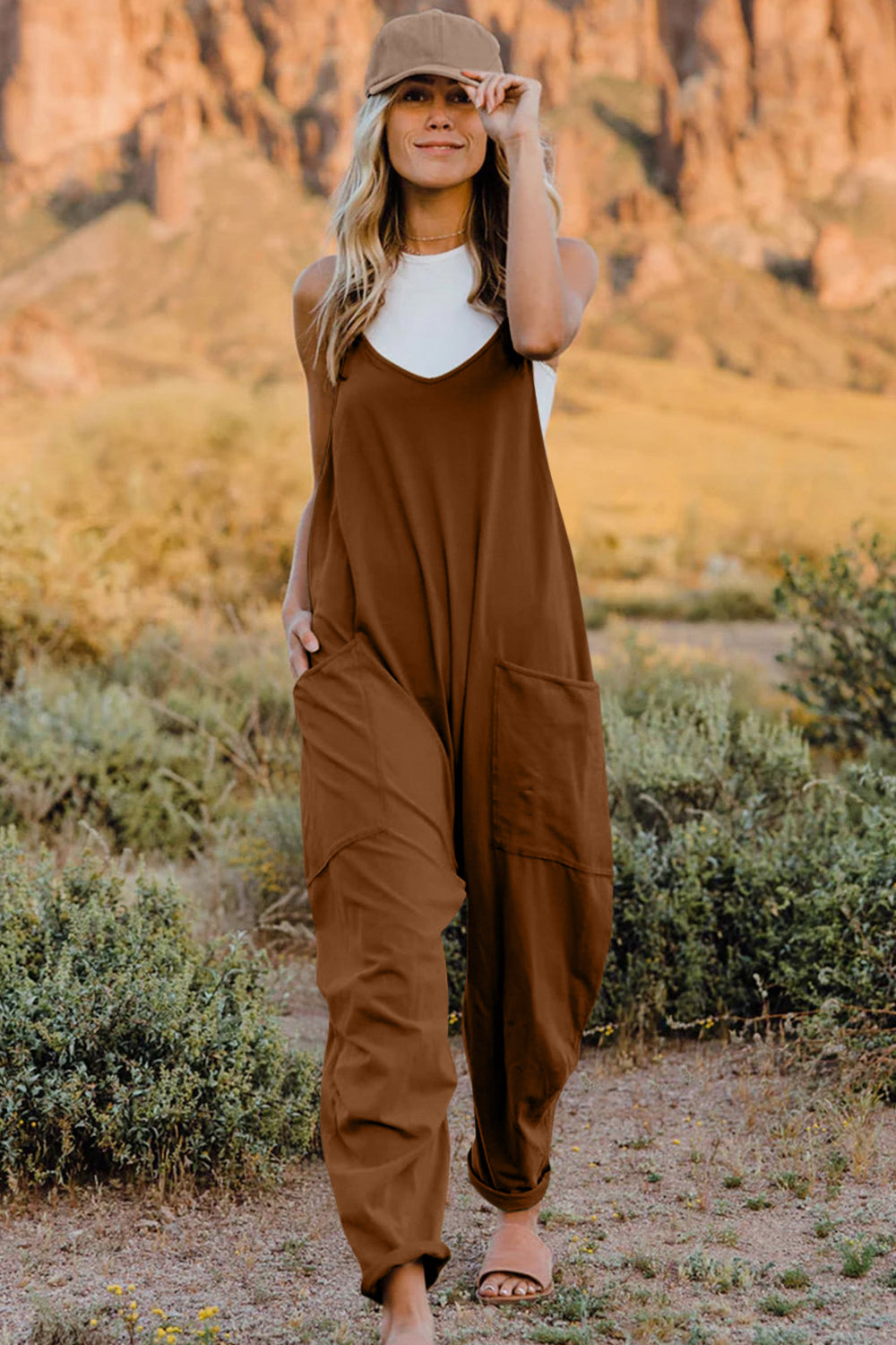 Double Take Full Size V-Neck Sleeveless Jumpsuit with Pockets 