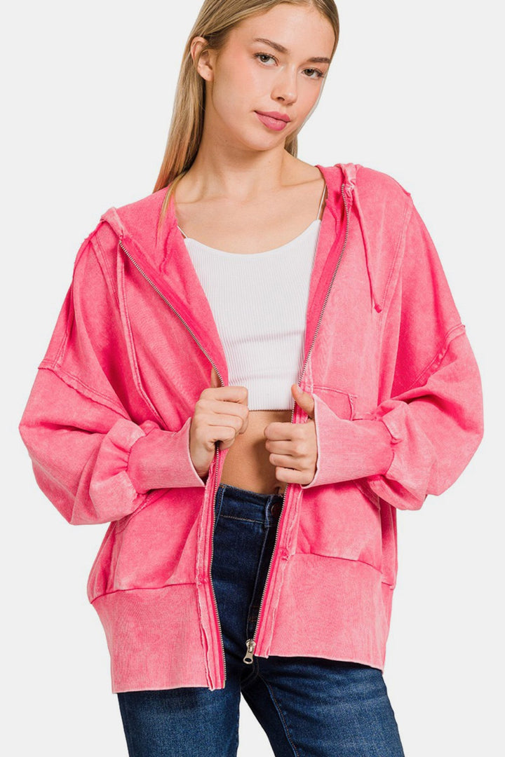 Zenana Acid Washed French Terry Zip-Up Hoodie with Pockets 