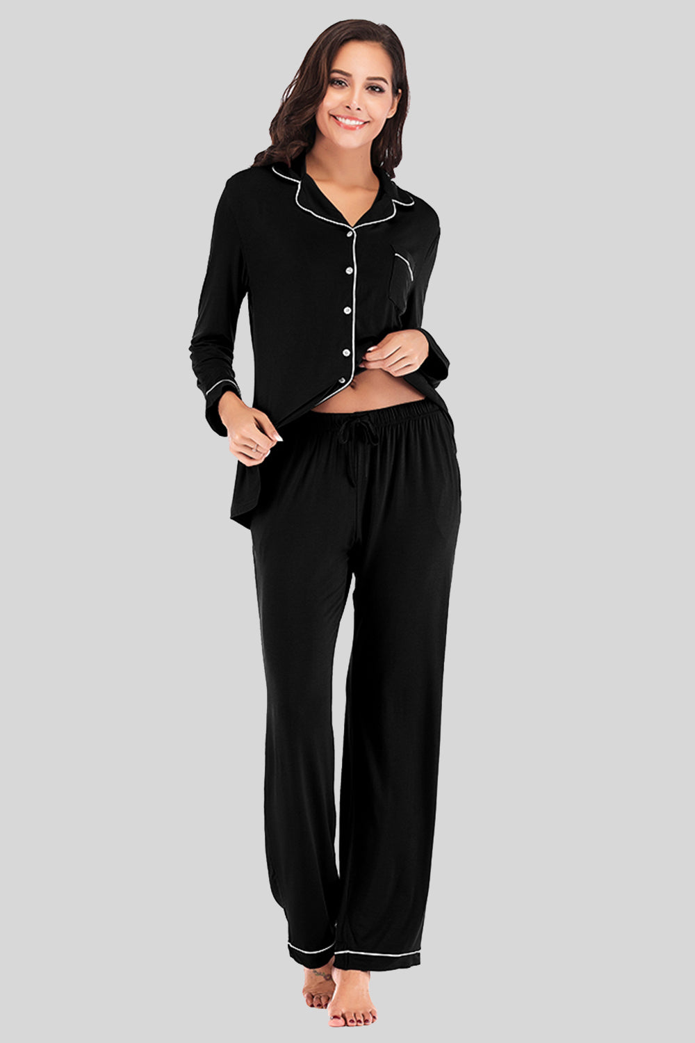 Collared Neck Long Sleeve Loungewear Set with Pockets Lingerie & Nightwear