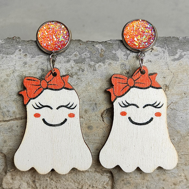 Ghost Shape Wooden Dangle Earrings 