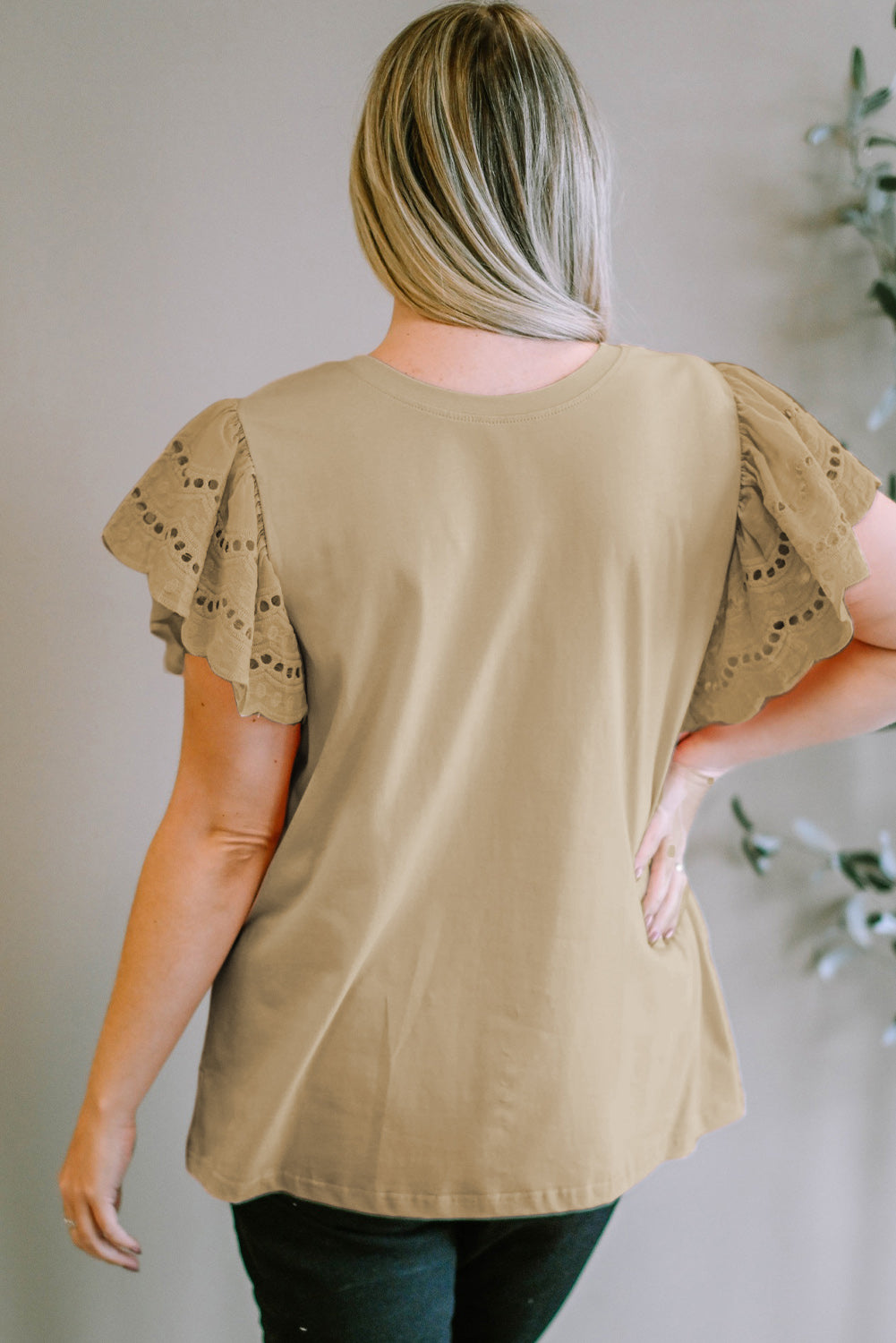 Plus Size Eyelet Round Neck Short Sleeve Blouse 