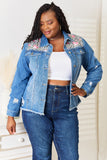 Baeful Leopard Floral Distressed Raw Hem Denim Jacket 