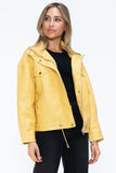 How Dare U Drawstring Hem PU Leather Zip Up Jacket 