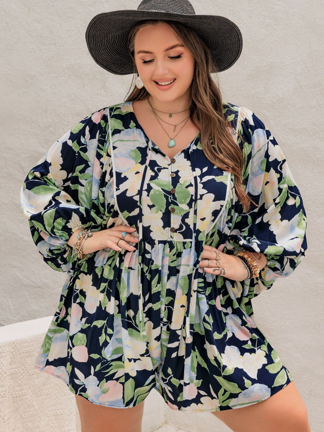 Plus Size Tied Printed Long Sleeve Romper 