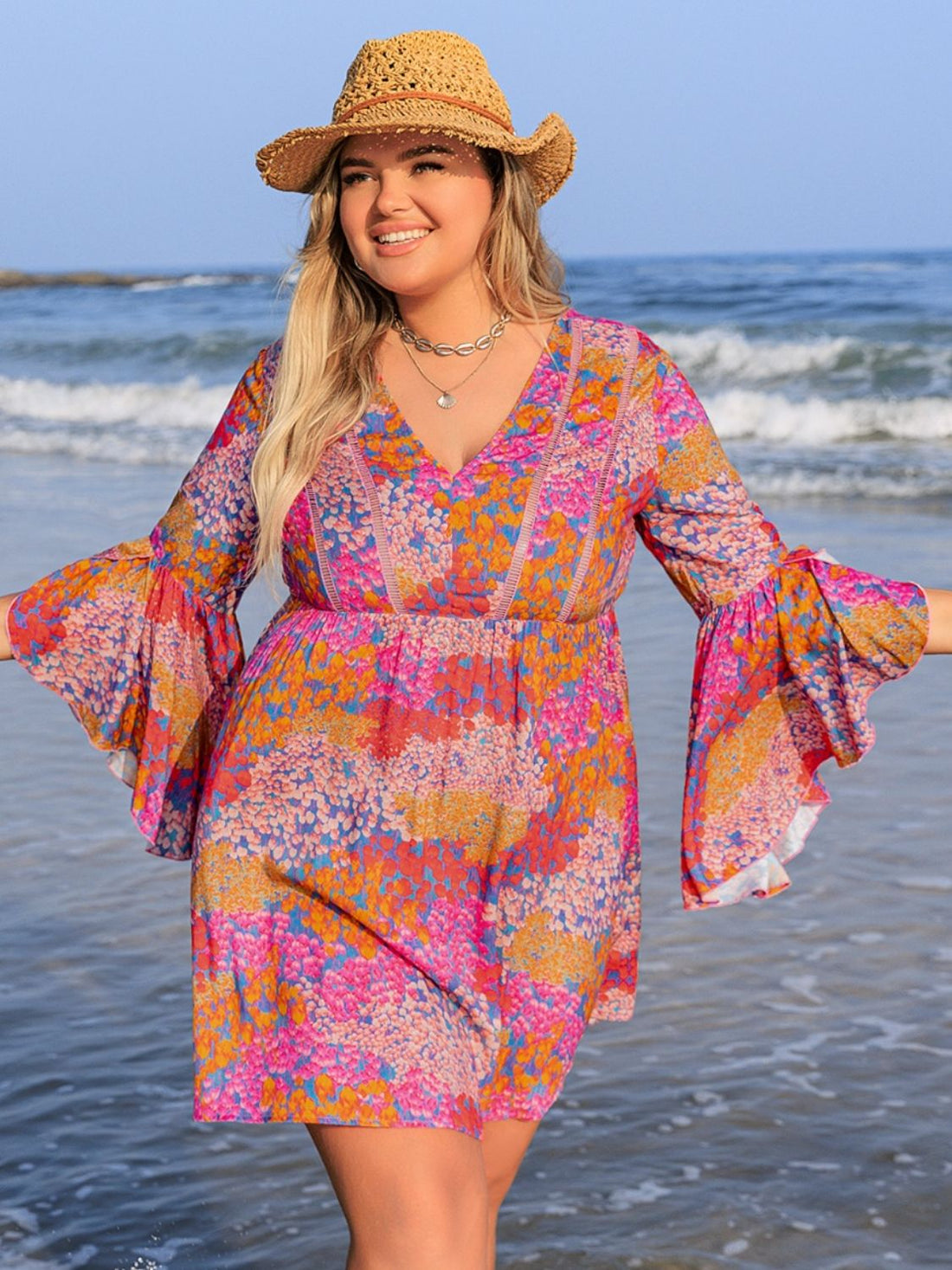 Plus Size Ruched Printed Long Sleeve Dress 