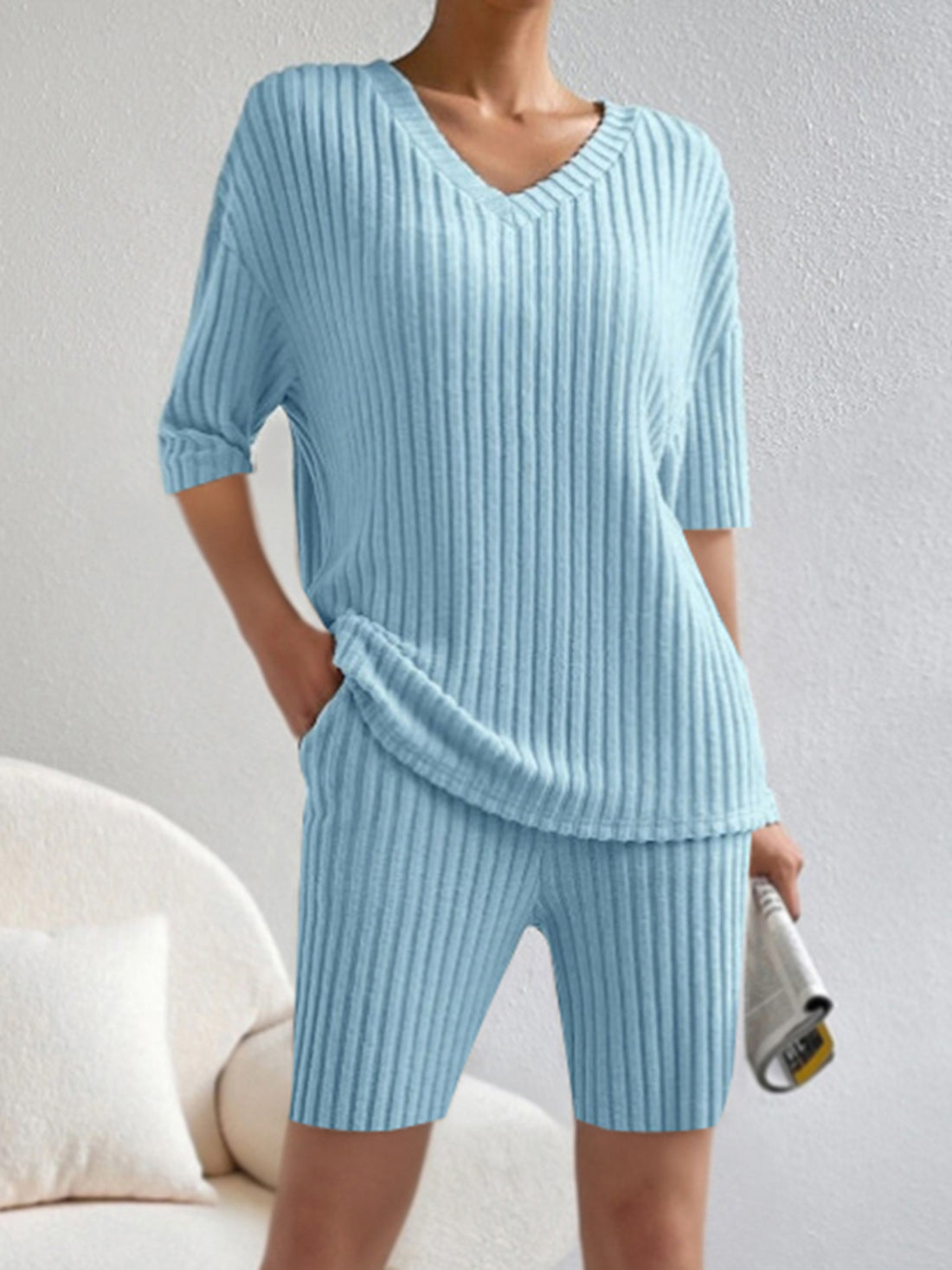 Ribbed V-Neck Top and Shorts Set 