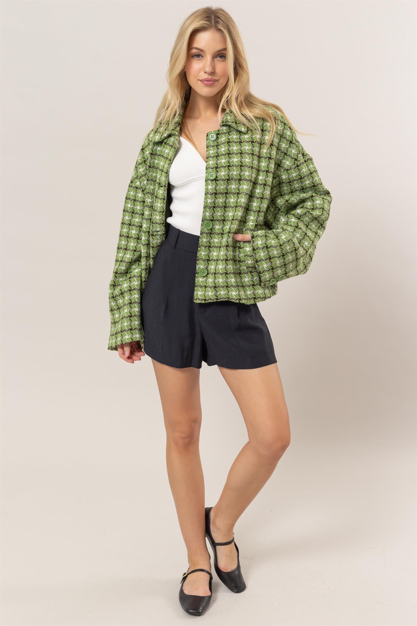 HYFVE Tweed Plaid Button Up Collared Neck Jacket 