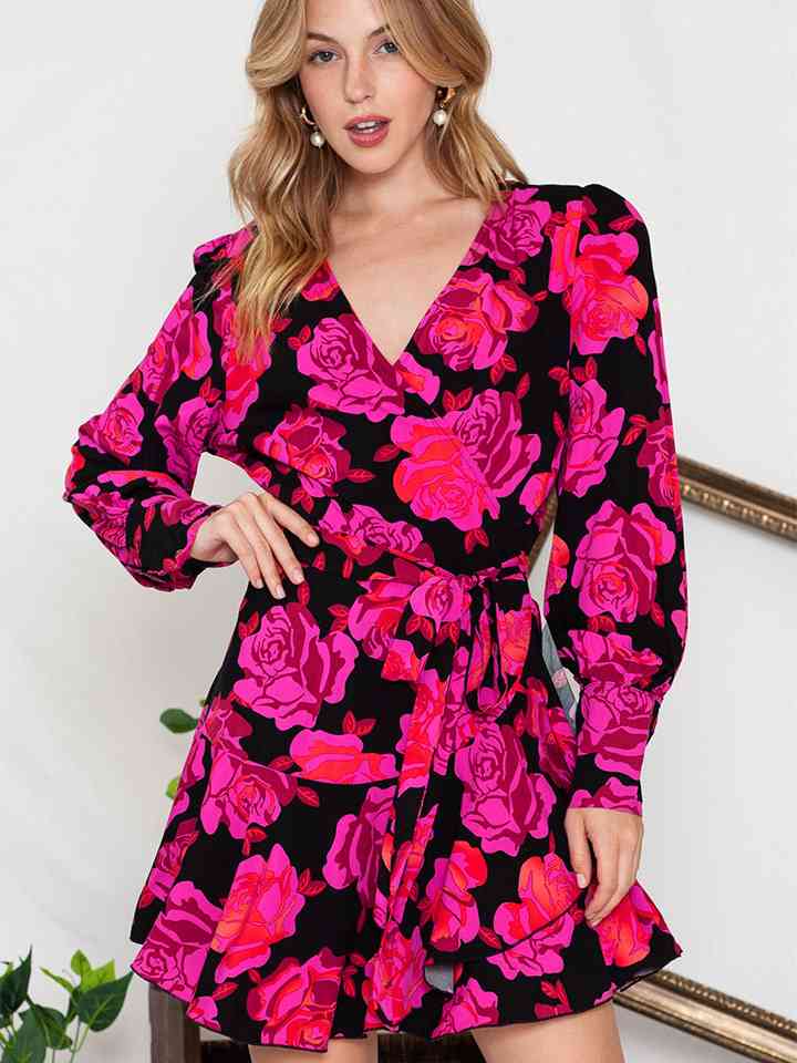 Floral Print Surplice Neck Long Sleeve Dress Dresses