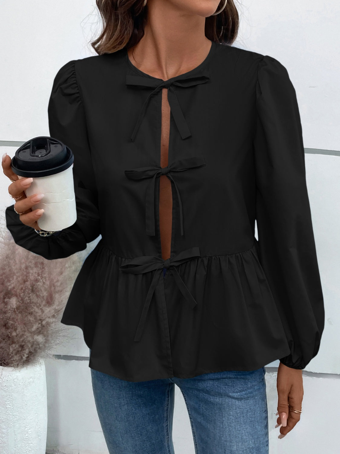 Ivy Lane Peplum Tied Long Sleeve Blouse 
