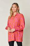 Double Take Full Size Printed Smocked Long Sleeve Blouse 