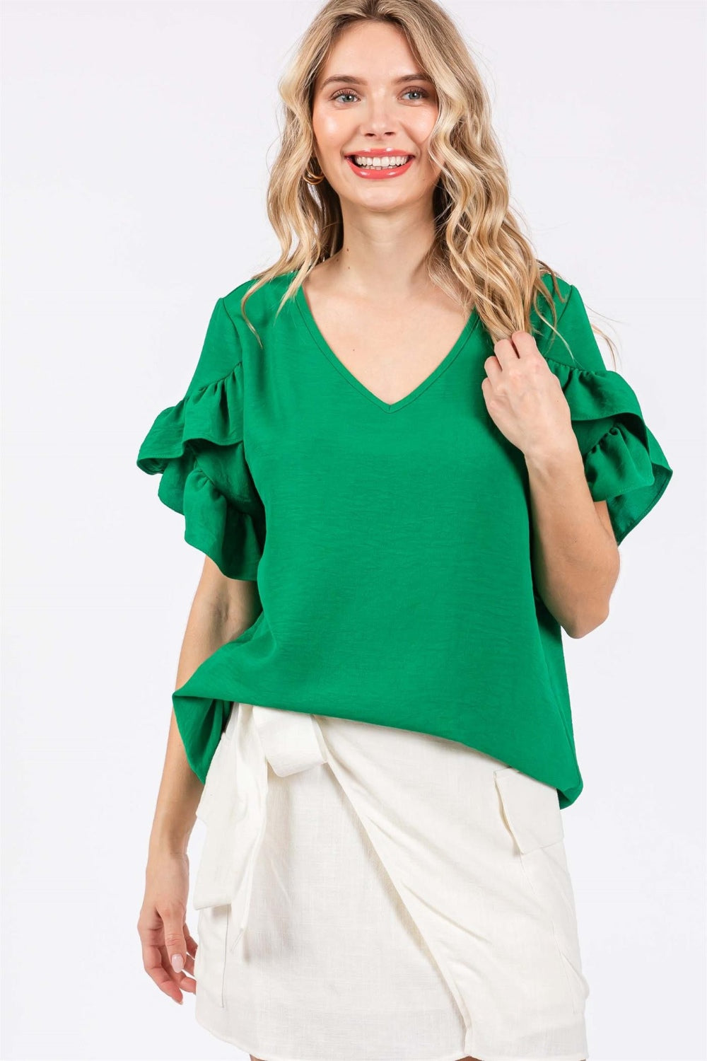 GeeGee Ruffled Short Sleeve V-Neck Blouse 