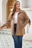 Plus Size Fringe Trim Snap Down Long Sleeve Shacket 